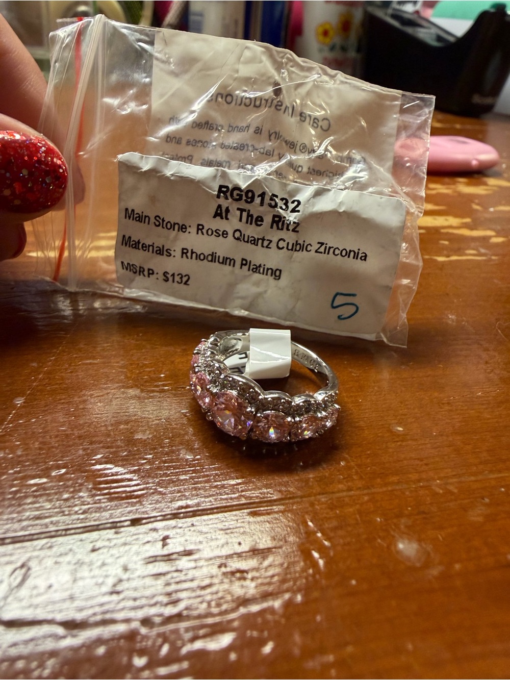 Bomb Party Size 5Rose Quartz Cubic Zirconia Rhodium Ring - Sparkling Pink Stones